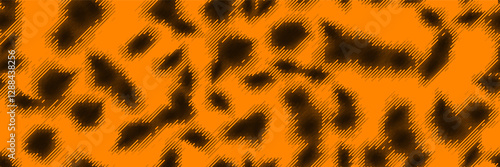 Abstract spots with slant halftone lines on orange bg as a seamless pattern of cheetah skin. Black parallel thin stripes in organic shapes with optical moire effect. Vector illustration