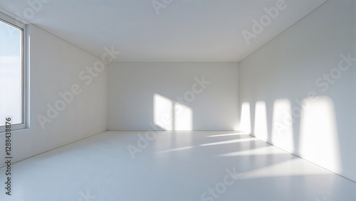 Empty white room with window sunlight creating shadows on walls and floor