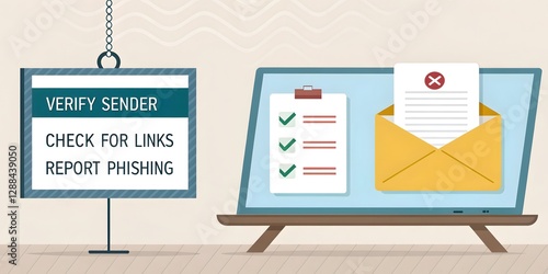 Spot Phishing Emails! Verify sender, check links, report suspicious emails immediately for safer online experience. Digital Security Concept