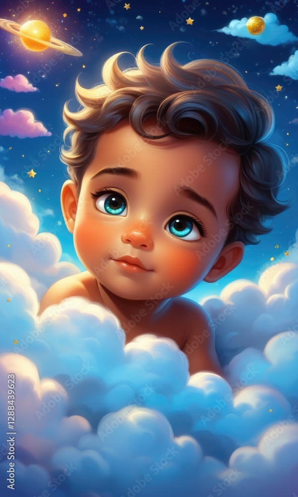 Dreamy child amongst stars and clouds with enchanting night sky Dreamy child amongst stars and clouds with enchanting night sky