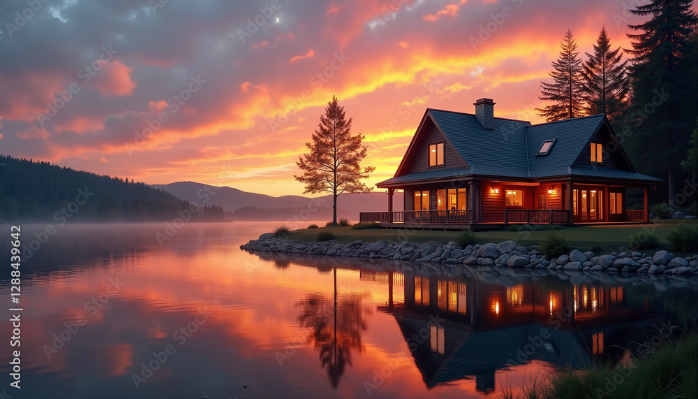 Fototapeta premium Cozy lakefront cabin at sunset with scenic mountain view