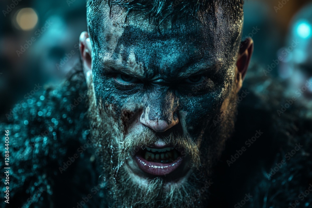 Fototapeta premium Intense warrior faces battle with fierce determination in a dramatic, dark setting