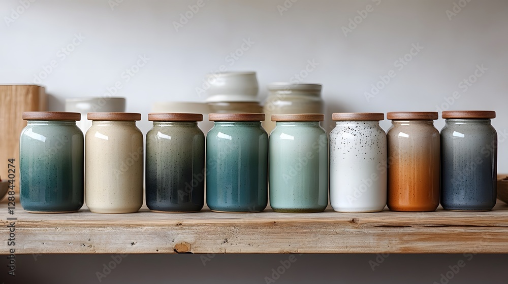 Ceramic spice jars in gradient arrangement, modern pantry organization, matte glaze variation, even diffused light, and muted spice colors, displayed on open shelving. Ceramic spice jars in gradient arrangement, modern pantry organization, matte glaze variation, even diffused light, and muted spice colors, displayed on open shelving.