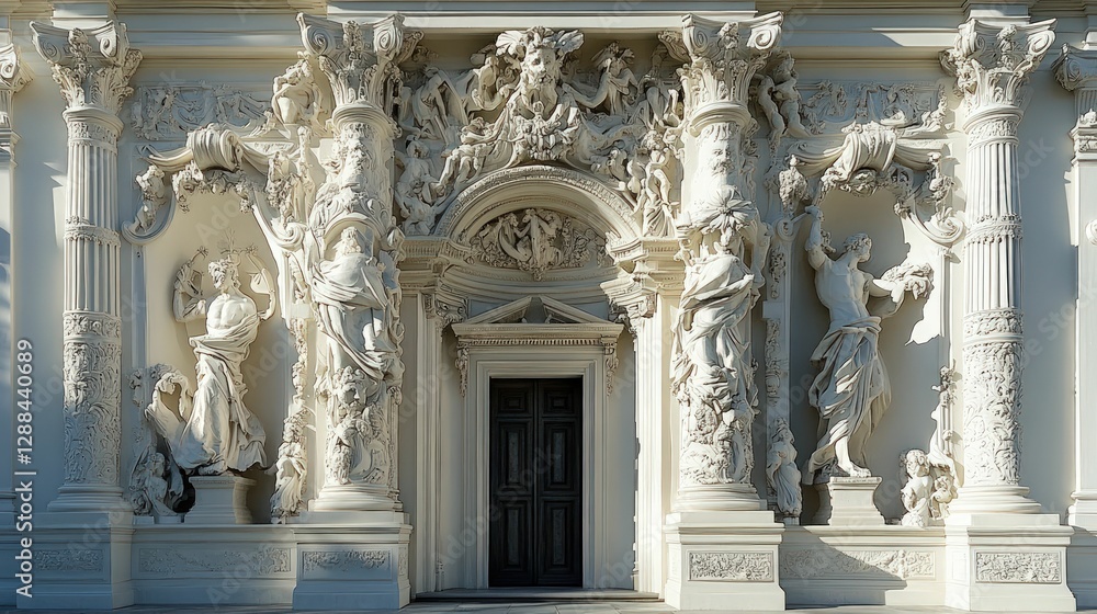 Fototapeta premium Ornate white stone facade, classical statues, grand entrance.