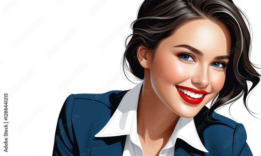 Smiling woman in business attire with red lipstick and dark hair on white background Smiling woman in business attire with red lipstick and dark hair on white background