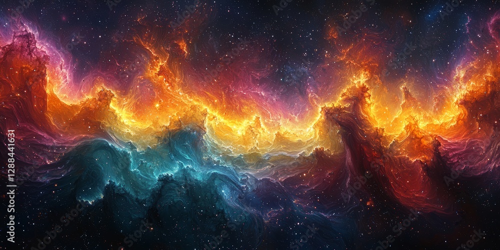 Naklejka premium Illuminated Debris: The Colorful Chaos of a Supernova's Aftermath