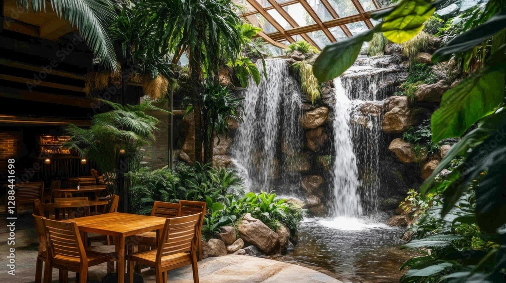 Fototapeta premium Serene Waterfall Garden Restaurant Interior