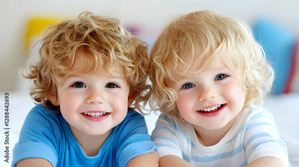 Twin toddlers smiling, bedroom, playful background, family portrait