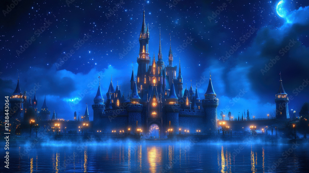 Fototapeta premium magical castle glowing under moonlit sky, surrounded by mist and stars, creates enchanting fairy tale atmosphere