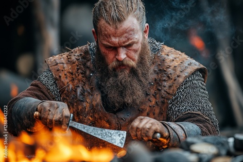 Craftsman shaping metal by a roaring fire using a heavy tool in a historical workshop setting photo