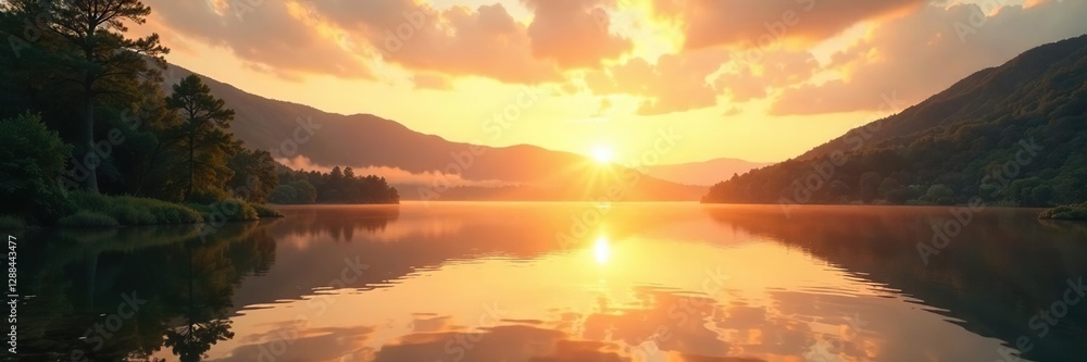 Calm lake reflection with trees in soft golden light, evening sky, sunsets Calm lake reflection with trees in soft golden light, evening sky, sunsets