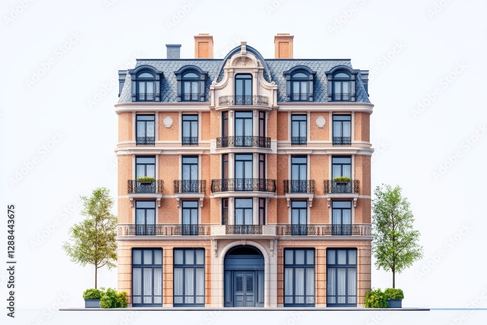 Fototapeta premium Elegant Brick Apartment Building Parisian Style Architecture Cityscape Exterior