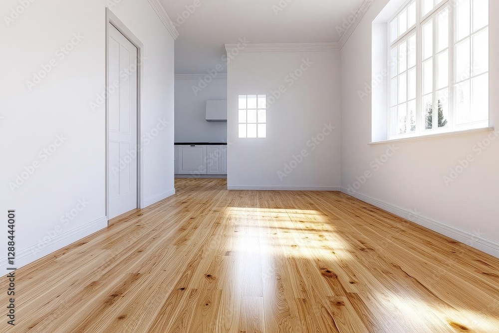 Obraz premium 3D plan of the apartment, a threebedroom house with a kitchen and living room, white walls, wooden floors, hyperrealistic, highresolution photography