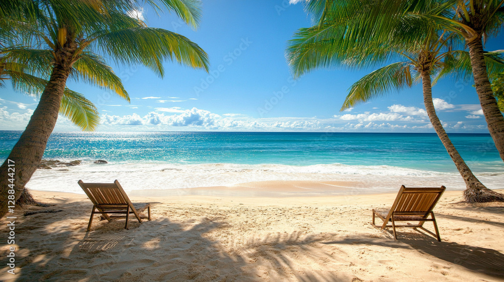 Obraz premium Palm trees on Sunny beach and turquoise sea in Seychelles. Summer vacation and tropical beach