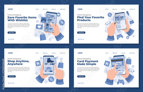 Set of landing page template Online shopping concept set with hands holding smartphones and credit cards vector illustration product search Card payment checkout wishlist 