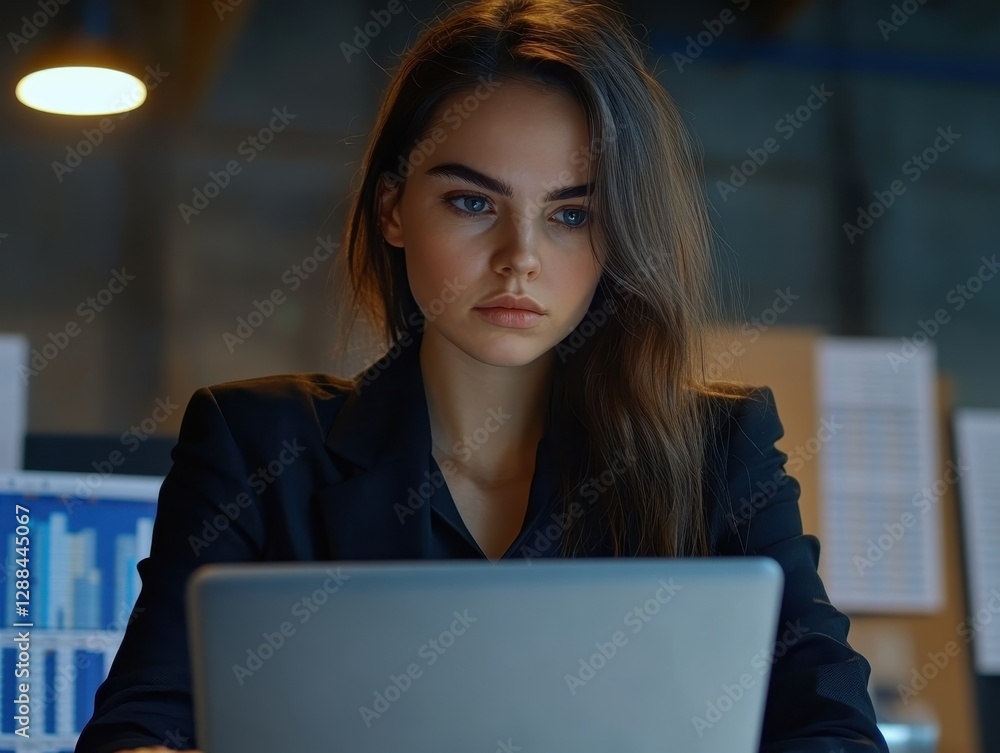 Fototapeta premium Focused Businesswoman Working Late on Laptop in Modern Office Setting