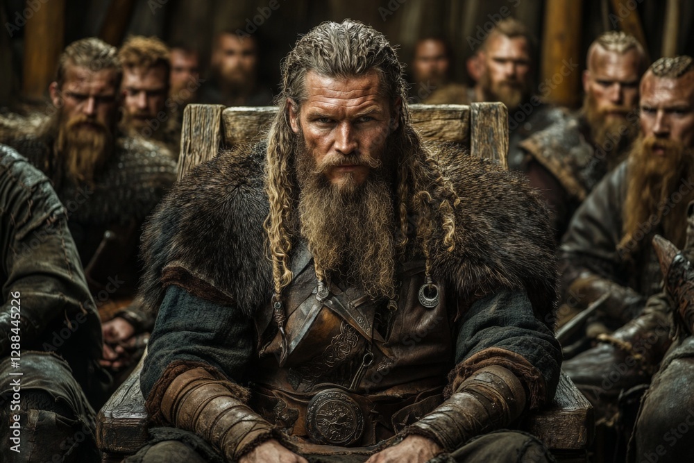 Obraz premium Warriors gathered in a Viking hall during a council meeting, discussing strategies and future battles in an ancient settlement