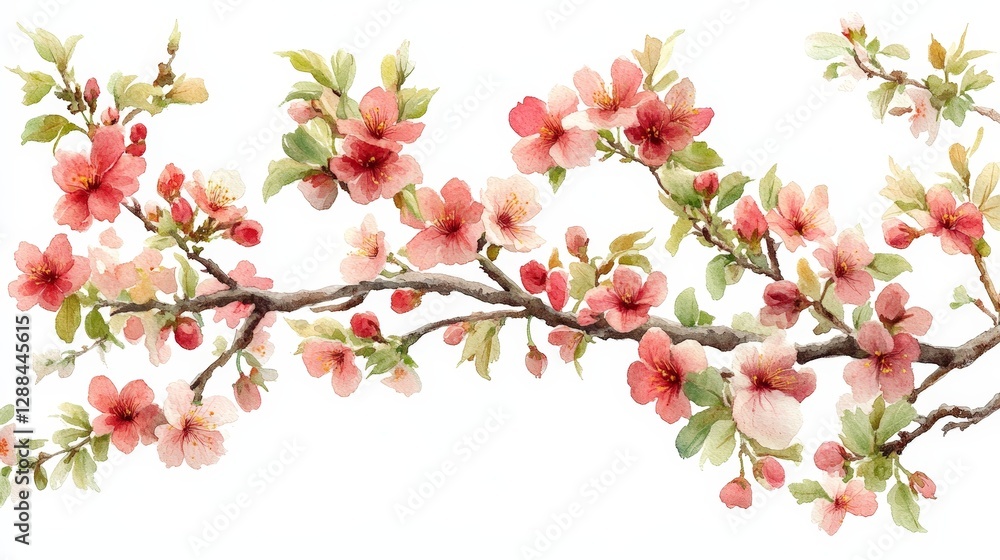A watercolor illustration of blossoming cherry flowers on a branch. A watercolor illustration of blossoming cherry flowers on a branch.