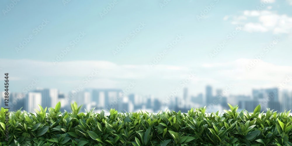 Obraz premium Lush greenery in the foreground with a blurred city skyline in the background.