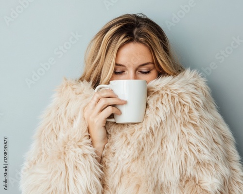 Cozy Modern Lifestyle Caucasian Adult Woman with Faux Fur, Tea and Journal in Softly Lit, Luxurious Self-Care Retreat - Wellness Content for Premium Brands photo