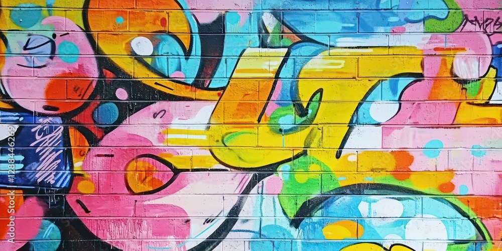 A colorful graffiti wall with urban street art elements A colorful graffiti wall with urban street art elements