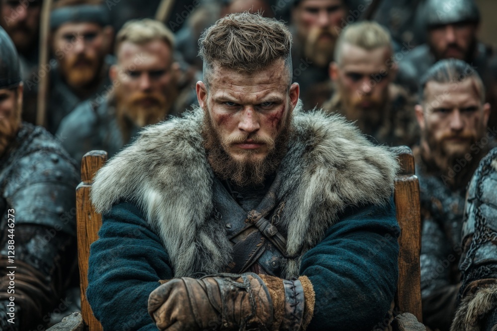Fototapeta premium Strong warrior sits in front of a gathered group, showcasing determination and leadership in a historic setting