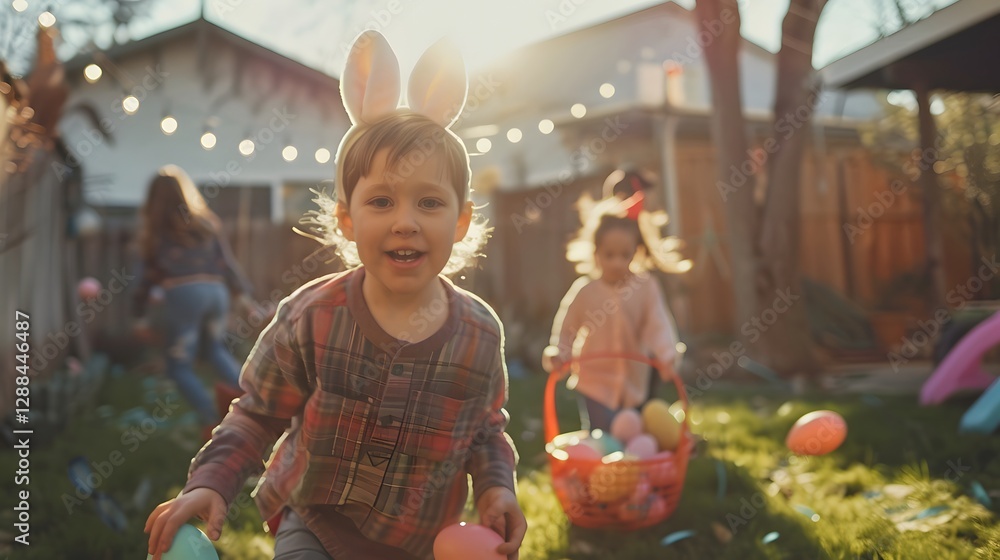 Fototapeta premium A fun Easter celebration in a backyard, featuring kids wearing bunny ears and carrying egg-filled baskets.
