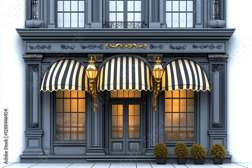 Elegant ornate boutique storefront facade mockup template with striped awnings, luxury high street shop. photo