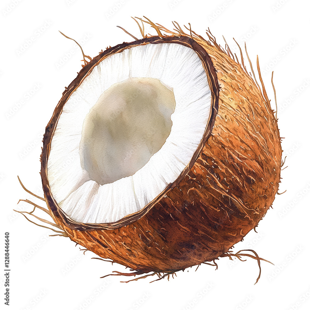 watercolor illustration of coconut, showcasing its textured brown shell and white interior. This artwork captures natural beauty and tropical essence of coconut fruit watercolor illustration of coconut, showcasing its textured brown shell and white interior. This artwork captures natural beauty and tropical essence of coconut fruit