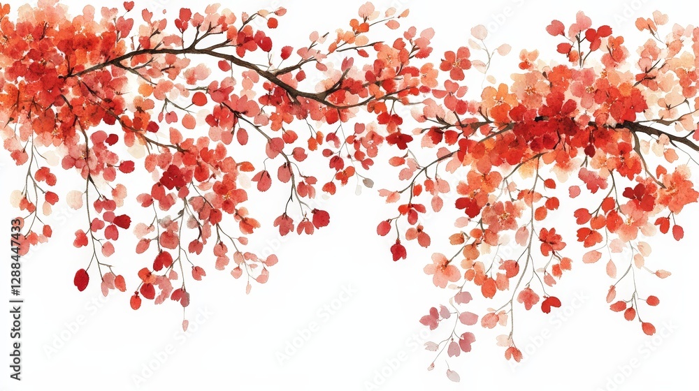 A watercolor illustration of branches with vibrant red and orange leaves. A watercolor illustration of branches with vibrant red and orange leaves.