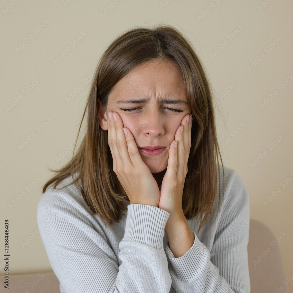 A woman is sitting on a couch with her hands on her face A woman is sitting on a couch with her hands on her face