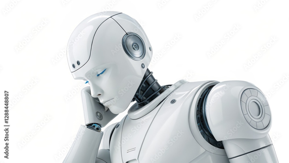 Contemplative Robot 3D Render, White, AI, Thoughtful Pose, Close-up AI, Robot Contemplative Robot 3D Render, White, AI, Thoughtful Pose, Close-up AI, Robot