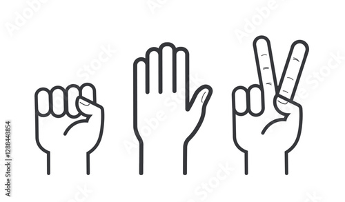 An isolated outline illustration of hand gestures representing rock, paper, and scissors, a symbolic game of chance, strategy, and decision-making