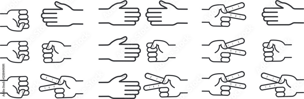 Obraz premium An isolated outline illustration of hand gestures representing rock, paper, and scissors, a symbolic game of chance, strategy, and decision-making