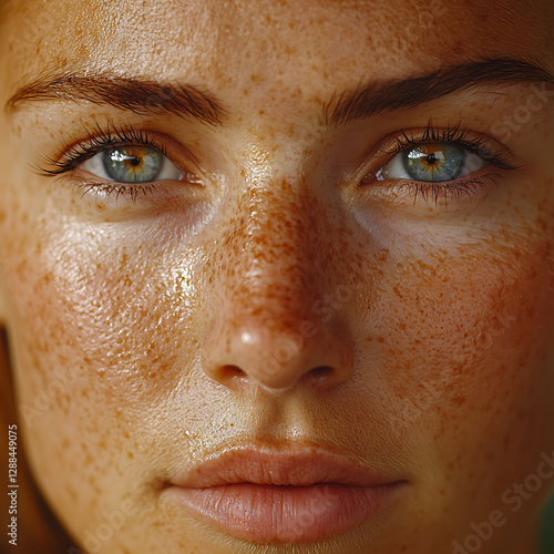 Closeup of a womans face, showcasing sunkissed skin with freckles and captivating eyes.  The image evokes feelings of natural beauty, confidence, and summer.