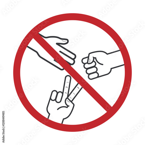 Isolated prohibition sign of traditional kid gam with gestures representing rock, paper, and scissors, a symbolic game of chance, strategy, and decision-making