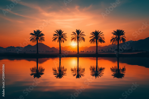 tropical sunset with palm trees reflecting on calm water
