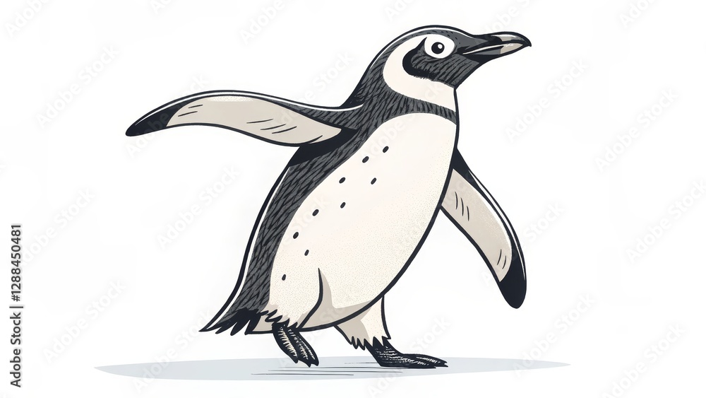 Fototapeta premium Hand-Drawn Cartoon Penguin Illustration Walking Pose, Black and White, Wildlife Concept Penguin, Illustration
