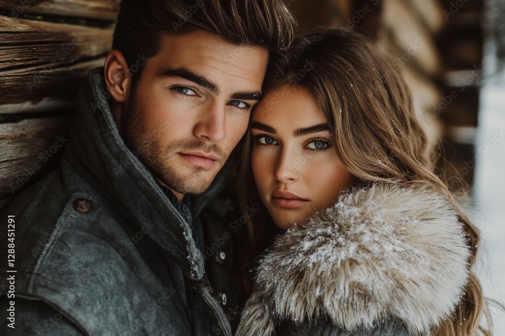 Couple embraces in a cozy winter setting near rustic wooden cabin amidst snow Couple embraces in a cozy winter setting near rustic wooden cabin amidst snow