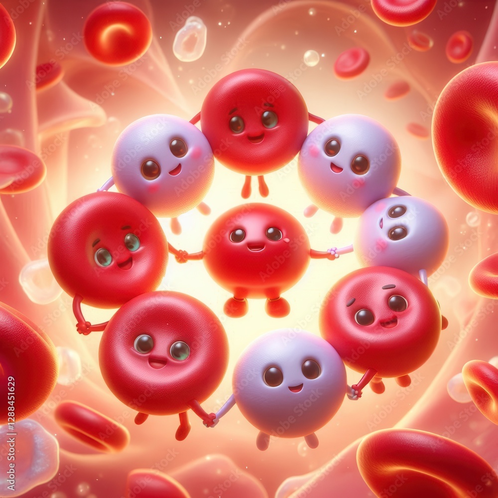 Playful red blood cells dancing together in a vibrant biological environment Playful red blood cells dancing together in a vibrant biological environment