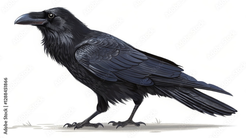 Fototapeta premium Raven Digital Painting Profile View, Detailed Feathers, Dark Avian Concept, Raven Illustration, Bird Art Raven, Bird, Digital Art