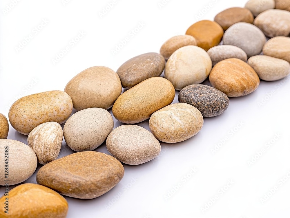 A long, horizontal strip of small beige pebbles isolated on a white background with a clipping path A long, horizontal strip of small beige pebbles isolated on a white background with a clipping path
