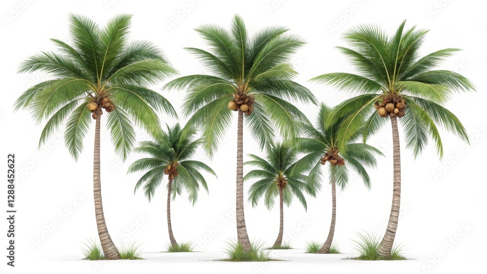 Obraz premium Tropical Coconut Palm Grove 3D Render, Six Trees, White Background, Lush Greenery, Island Paradise Coconut Palm, 3D rendering