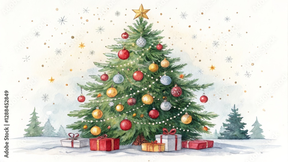 Obraz premium Watercolor Christmas Tree with Gifts Festive Winter Scene, Christmas card, Holiday decoration Christmas, Watercolor Painting