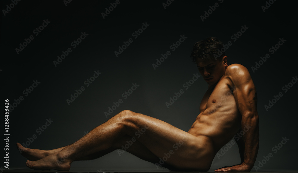 Naklejka premium A muscular man sitting in a dark setting, highlighting his toned physique with artistic light and shadow.