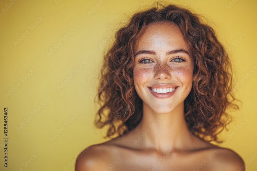 Bright smile radiates joy against warm yellow backdrop, embracin Bright smile radiates joy against warm yellow backdrop, embracin