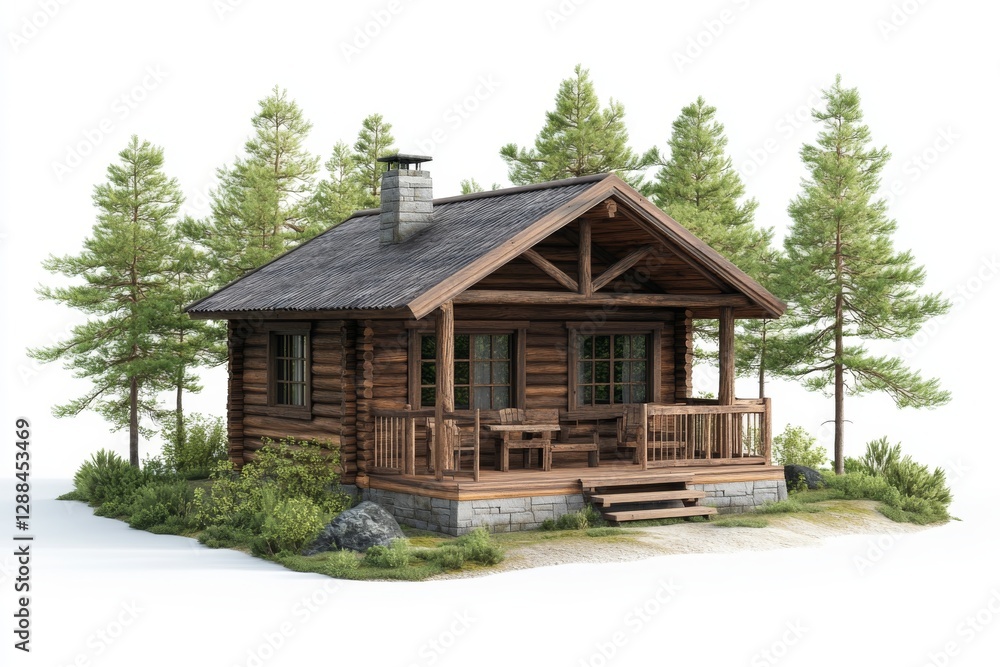 Rustic Log Cabin in Pine Forest Isolated on White Background Perfect for Vacation Rental Rustic Log Cabin in Pine Forest Isolated on White Background Perfect for Vacation Rental