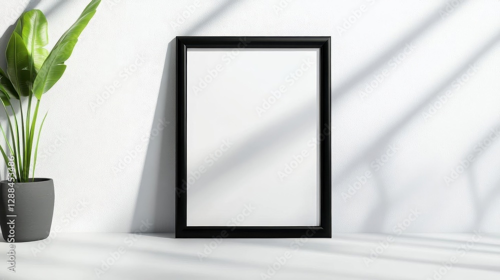 A mockup of an empty black frame in the center of a white room with sunlight coming through the window, casting shadows onto it The background is minimalist and simple A mockup of an empty black frame in the center of a white room with sunlight coming through the window, casting shadows onto it The background is minimalist and simple
