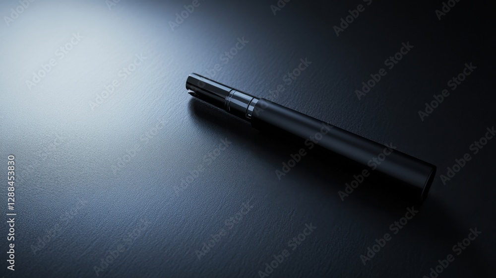 Fototapeta premium Vaping device on a matte black surface with a small metallic tray. Featuring modern simplicity and sleek elegance