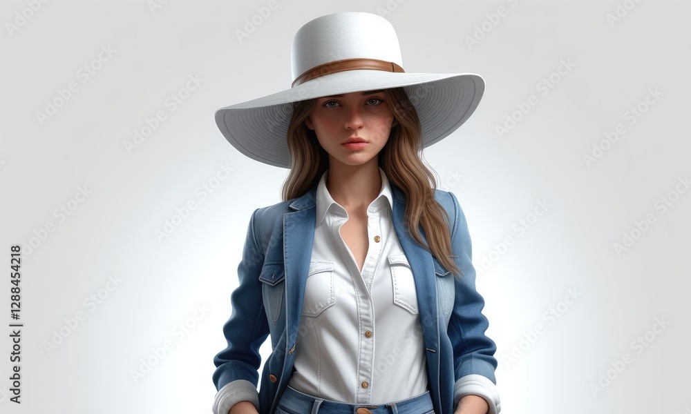 Stylish woman in denim outfit and widebrim hat against neutral background Stylish woman in denim outfit and widebrim hat against neutral background